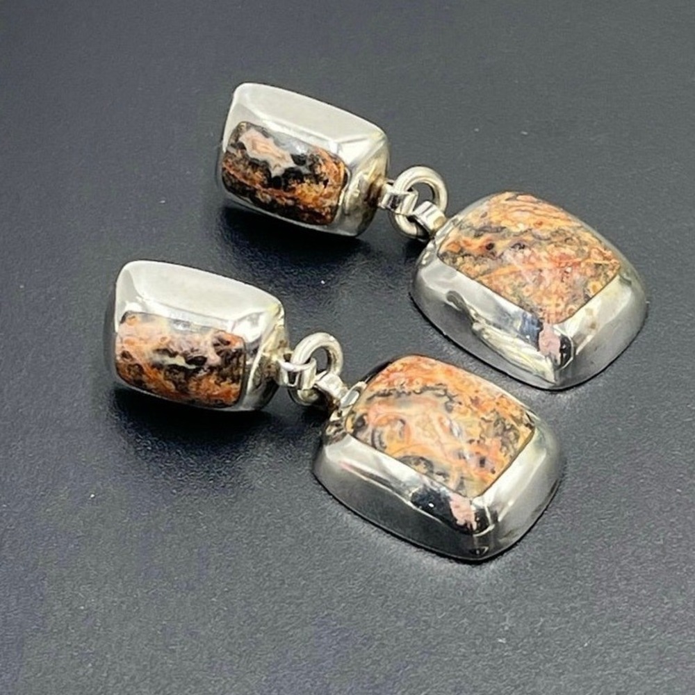 Vintage Mexico Sterling Silver Taxco Jasper Stone Dangle Earrings TZ-17, 23.4g